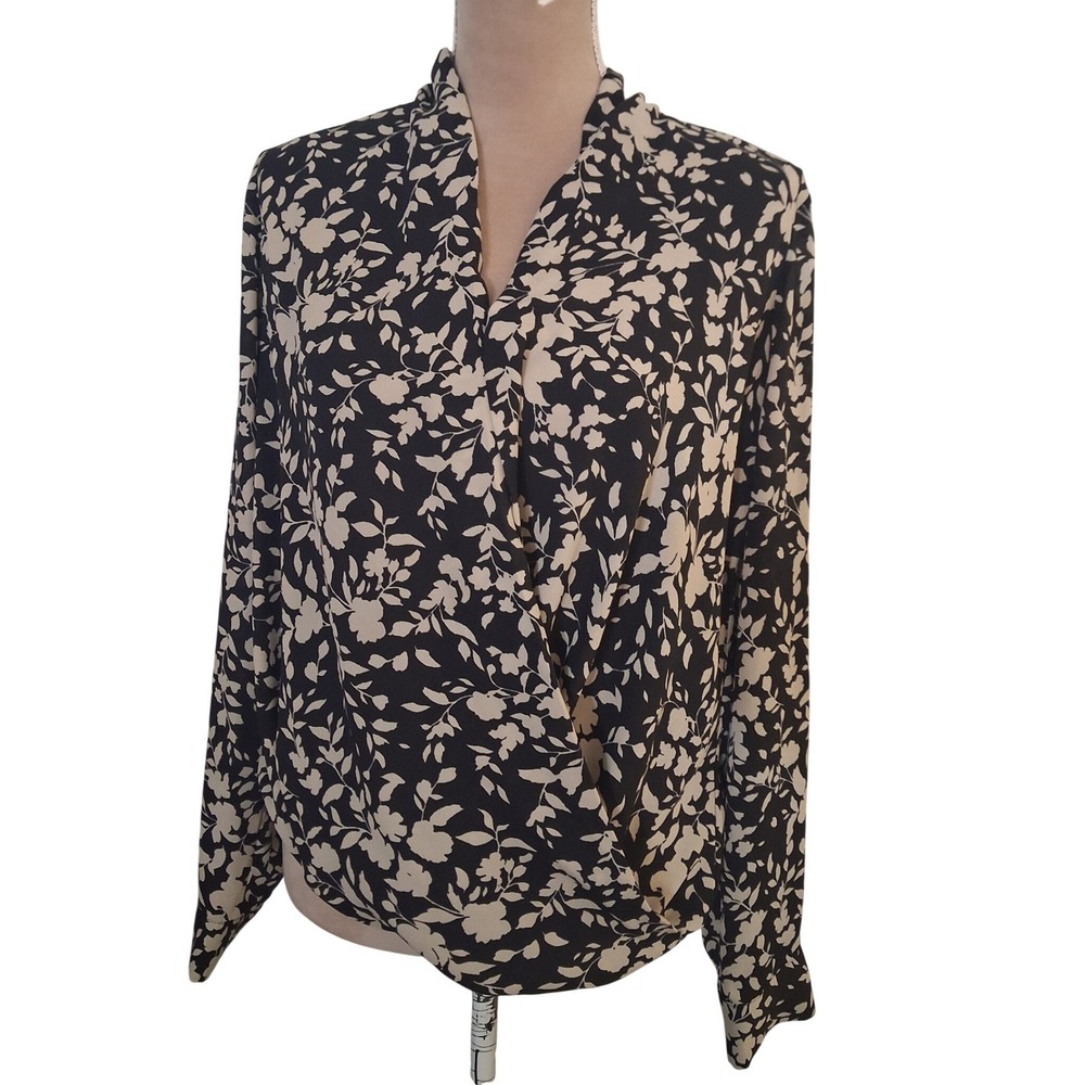 Pleione Women Black Cream Floral Draped Surplice Blouse Medium Feminine Business